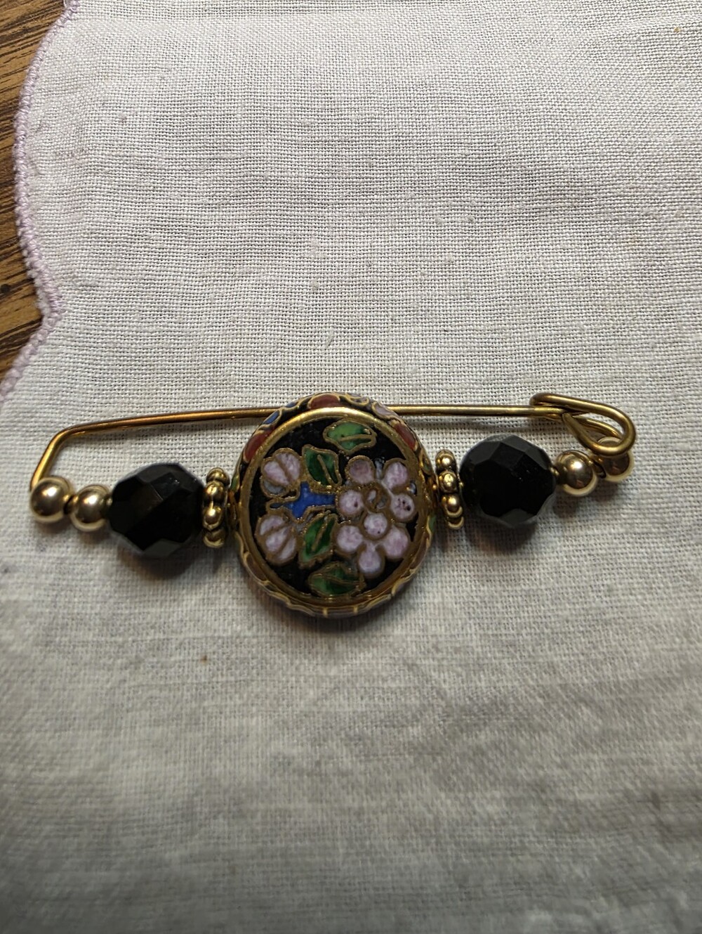 Vintage Gold-Tone Floral Cloisonné Safety Pin Brooch with Black Beads